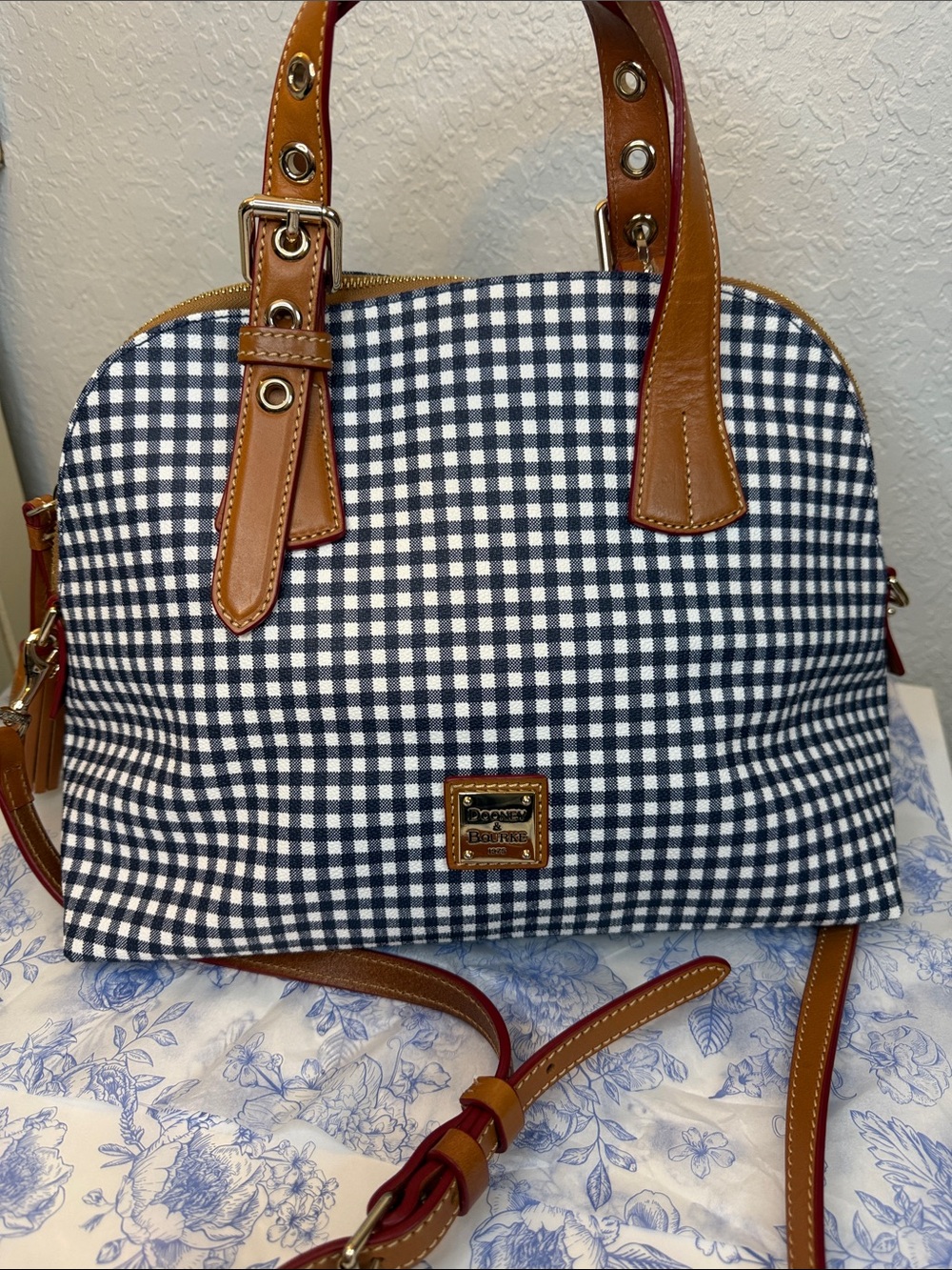 Dooney & Bourke Navy and White Gingham Satchel with Brown Leather Trim